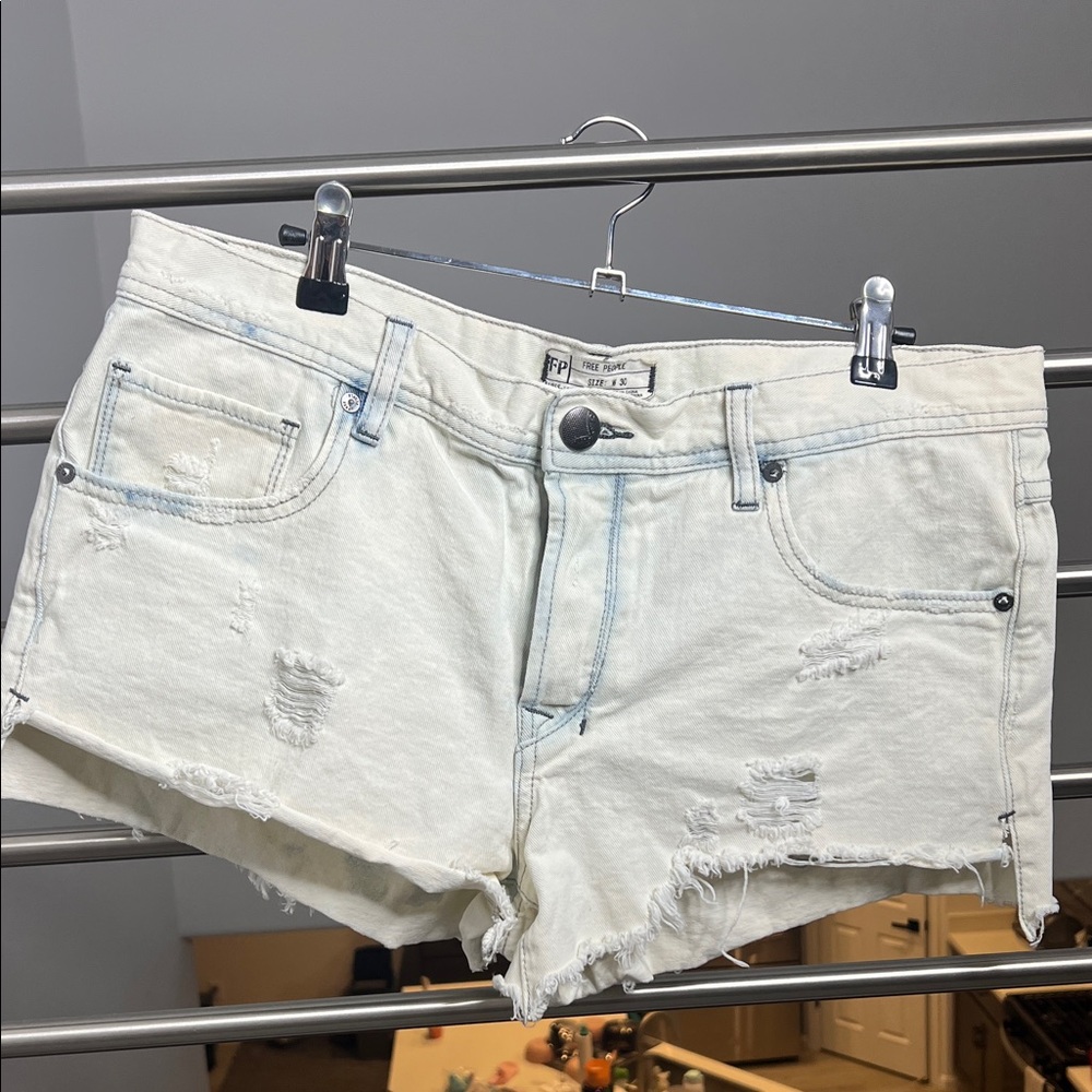 Free People White Distressed Jean Shorts hand painted